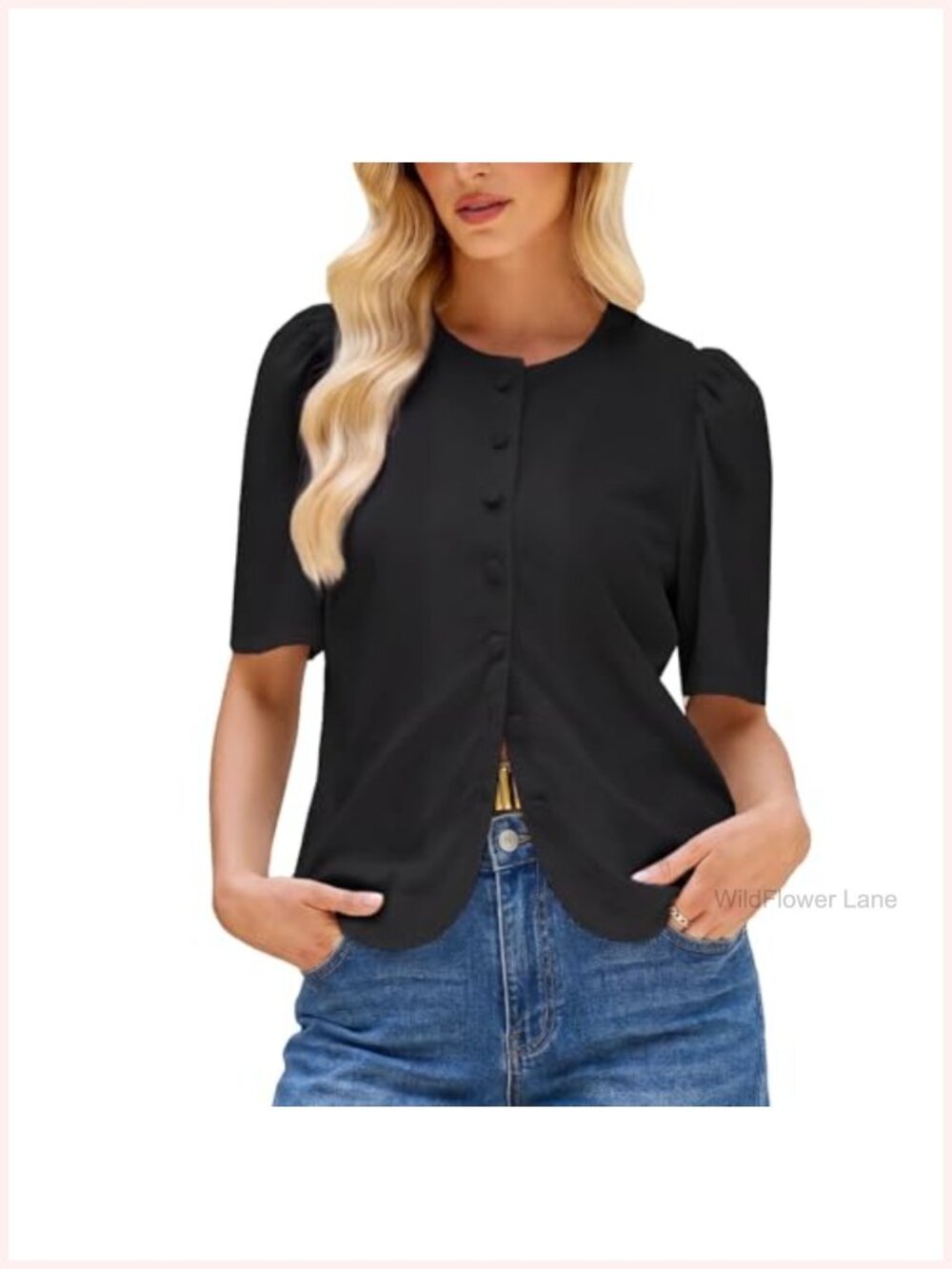 Women Short Puff Sleeve Button Down Blouse Crewneck Casual Summer Top